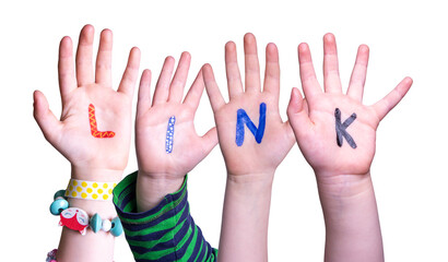 Children Hands Building Word Link, Isolated Background