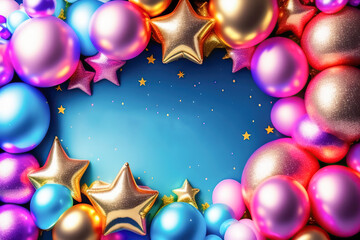 Colorful festive background frame made of colorful balloons and gold stars. AI generated.