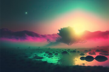 Fototapeta na wymiar Fantasy new colorful landscape, fog, fantasy clouds. AI