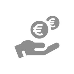 Human hand and money dropping euro coin icon. Savings and payment concept vector fill symbol.