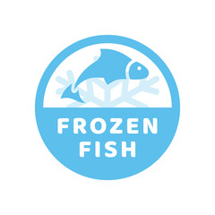 Frozen fish, product vector label. Blue sticker stamp.