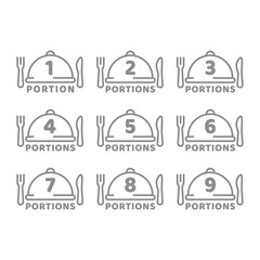 Meal portion size with dish cover vector icon set. One, two food portions line icons.