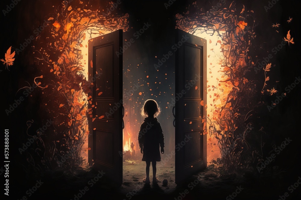 Poster a child standing in an open doorway with a fire in the background and a fire in the sky key visual a