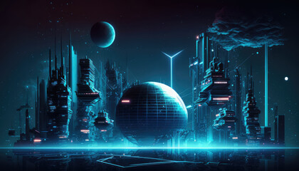 Metaverse concept. Futuristic abstract city, Space Cityscape, big data connection, cyber and ai technology. Cyber world. Generative ai illustration