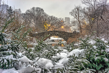 Gapstow Bridge in Central Park, after snow fall