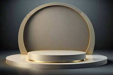 Studio background podium scene with geometric platform 3D minimal round podium to advertise the product, in white gray and gold colors, generated ai