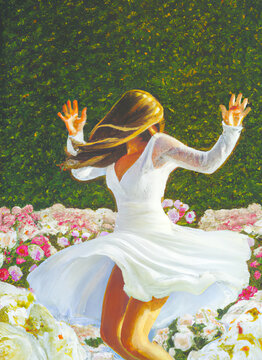 A woman in a white dress spinning with hands up. Detailed painting