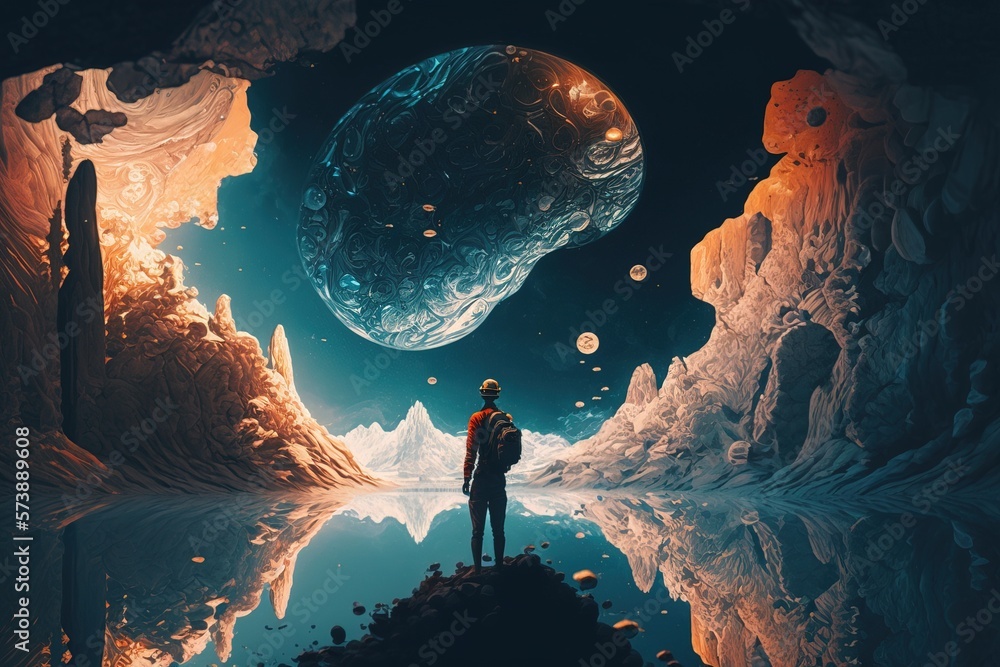 Poster a man standing in a cave looking at a planet in the distance with a reflection of him highly detaile