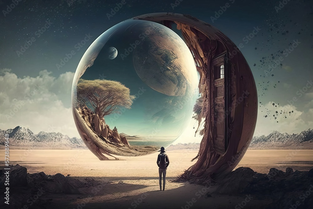 Aufkleber a man standing in front of a doorway to another planet with a tree on it fantasy artwork a surrealis
