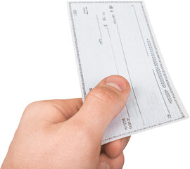 Male hand  with check for financial transaction.