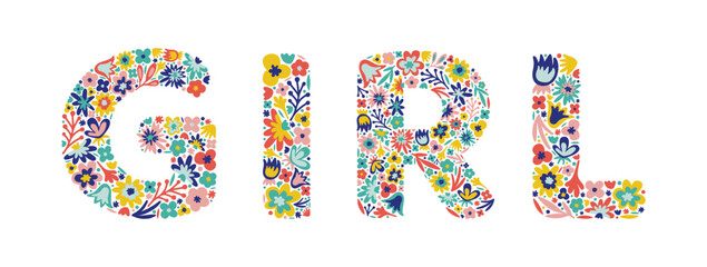 Girl lettering of flowers. Doodle style. Floral word. Vector