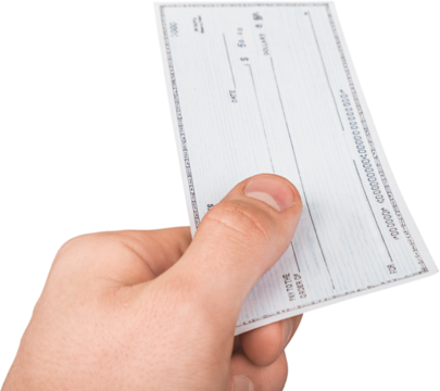 Male hand  with check for financial transaction.