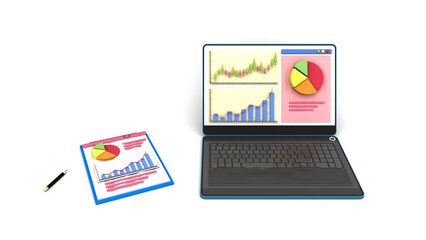 notepad and laptop display panel financial report graphs charts isolated. 3d rendering