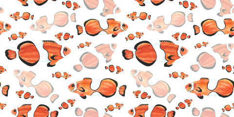 Tropical reef clown fish colorful watercolor seamless pattern