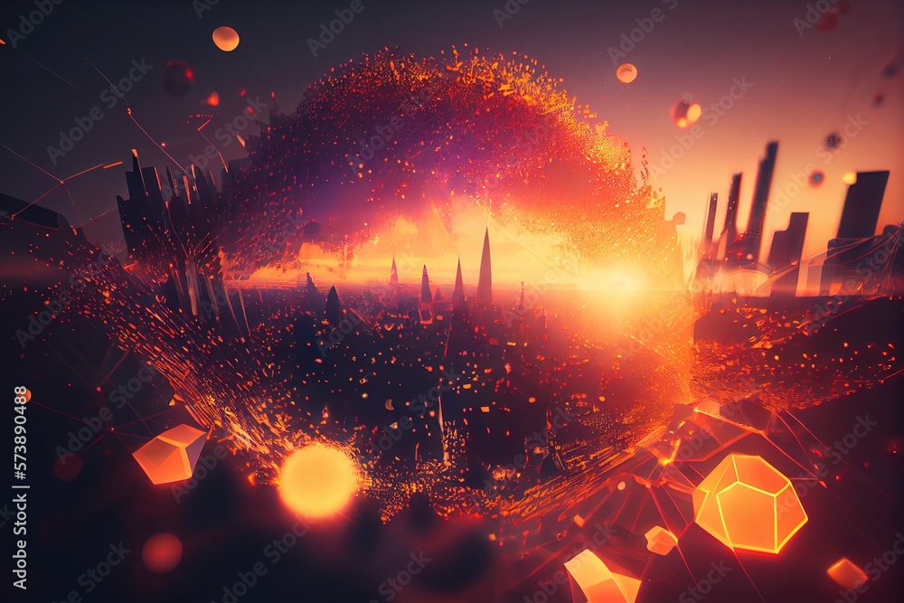 Poster a futuristic city with a bright orange and red light in the background and a large orange object in 
