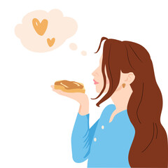 Pretty girl smelling a toasted bread and peanut buttter. Vector Illustration for National Peanut Butter Day. Eating healhy illustration.