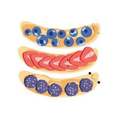 Vector Illustration for Peanut Butter Day. Strawberry, banana, blueberry and blackberry with peanut butter. Cute cartoon characters. Healthy breakfast, lunch or snack time.