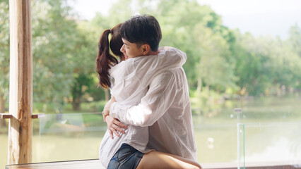 Young adult asia people fiance happy lover flirt fall in love nose lips kiss hug cuddle care trust....