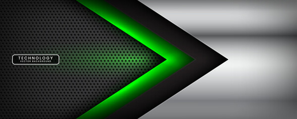 3D black silver techno abstract background overlap layer on dark space with green light effect decoration. Modern graphic design element arrow style concept for banner, flyer, card, or brochure cover