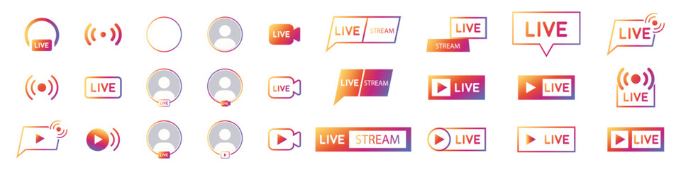 live streaming vector icons. Collection of live stream logo. Play button icon vector