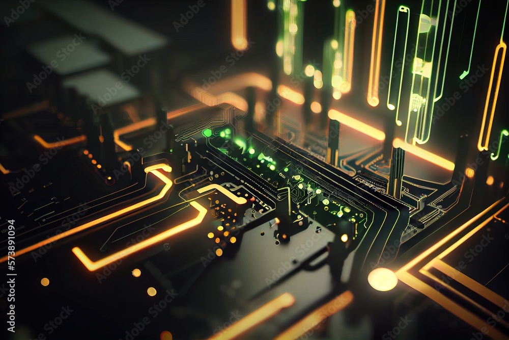 Poster a computer circuit board with neon lights and a black background with a green and yellow pattern 8 k