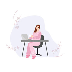 Wear Pajamas to Work Day. Office worker in good mood. April event. Vector illustration. Woman in pajamas with cup of coffee working in office . 