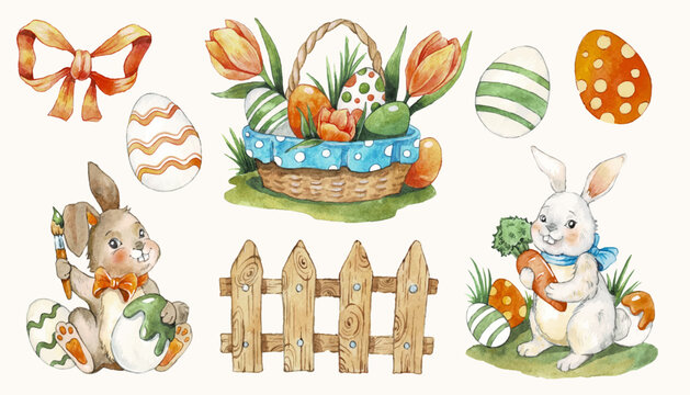 Watercolor Easter elements: Easter bannies, eggs, wooden fence, basket with spring flowers and eggs, bow. Vector Clip art for Easter design.