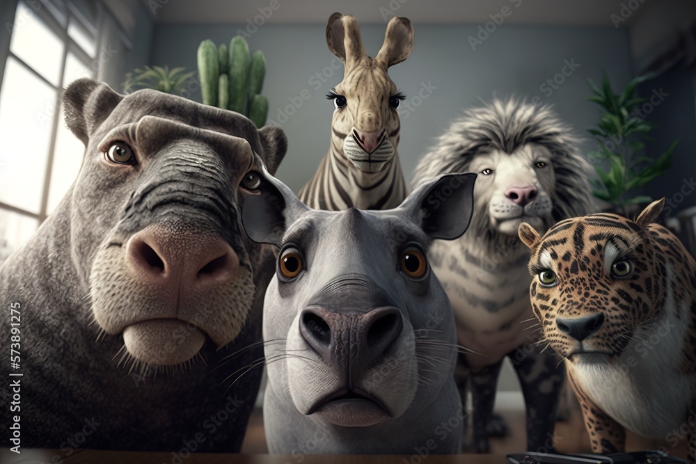 Poster A group of animals standing next to each other on a table in a room with a window ultra realistic faces an ambient occlusion render photorealism