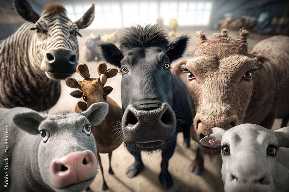 Poster a group of cows standing next to each other on a floor in a barn with a zebra cgstudio an ambient oc
