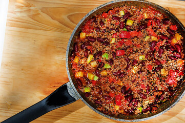 Chili con carne in skillet. Minced meat with vegetables.