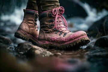 Boots Adventure through Pudlles and Mud: Trekking on a Rainy Day in the Forest - AI Generative