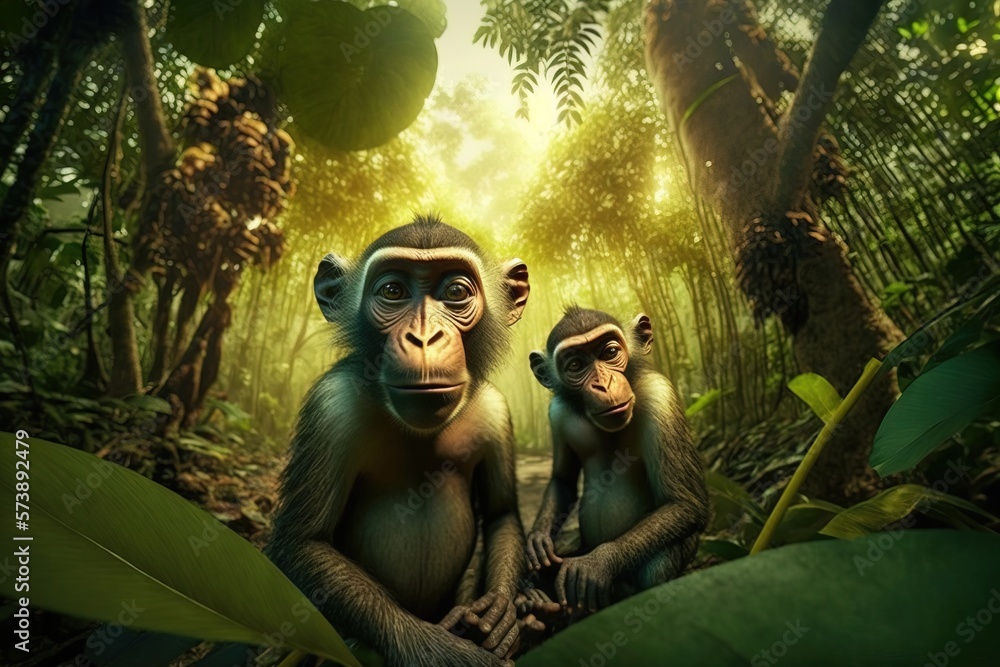 Poster two monkeys sitting in the middle of a jungle with trees and plants around them looking at the camer