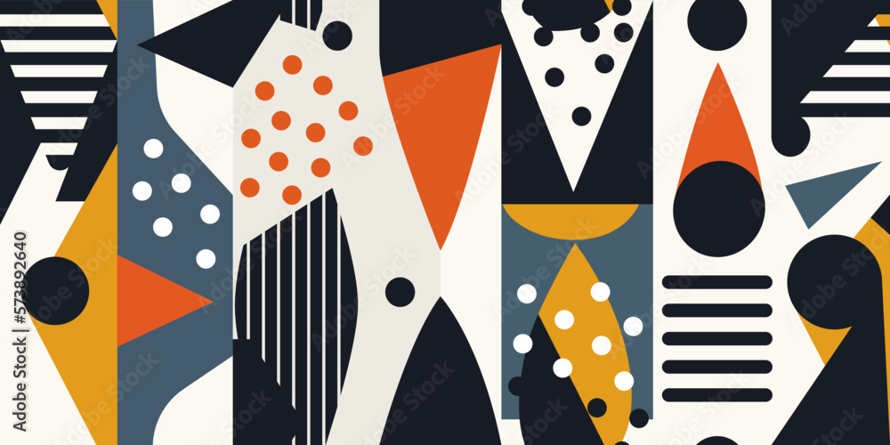 Poster Shapeless abstract pattern. Dots, elements of orange and yellow. Seamless vector print for textiles, pillows, notebooks, diaries, packaging.