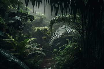 Rain-drenched tropical forest scene rich with exotic plants