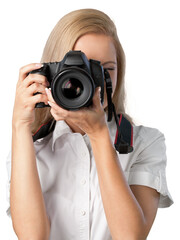 Woman taking photographs with a DSLR - obrazy, fototapety, plakaty