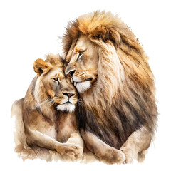 Leos. A lion and a lioness. Color, digital portrait of lions in love in watercolor style on white background. AI generated assisted finalized in Photoshop by me.