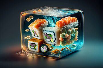 Sushi masterpiece, incredible and awesome sushi piece, of the future or fantasy mind, generative ai
