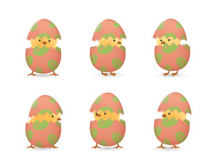 Chicks in broken Easter eggs with leaves set