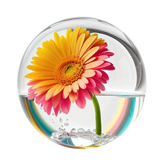gerbera daisy rainbow in glass ball , isolated on transparent background cutout , generative ai