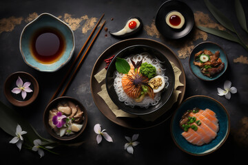 Sushi ingredients and preparation background, sushi preparated, generative ai