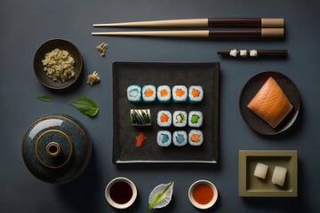 Sushi tools equipment knolling background, generative ai