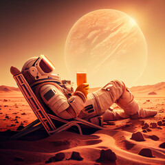 Astronauta disfrutando tomando una cerveza sentado como en la playa en su día como explorador espacial. Generado con IA