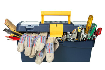 Plastic workbox with assorted tools on white background
