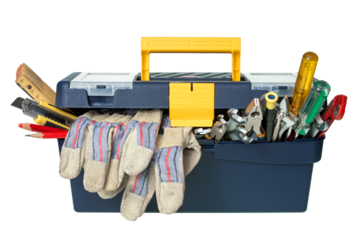 Plastic workbox with assorted tools on white background