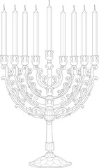 Judaism religion menorah symbol with floral arrangement graphic sketch template. Cartoon candlestick vector illustration in black and white for games. Children`s story book, fairytail, coloring paper