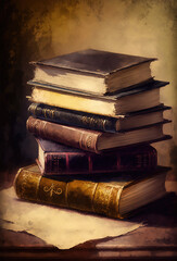 Stack of books, oil painting style, neutral tones, victorian era. Generative AI.