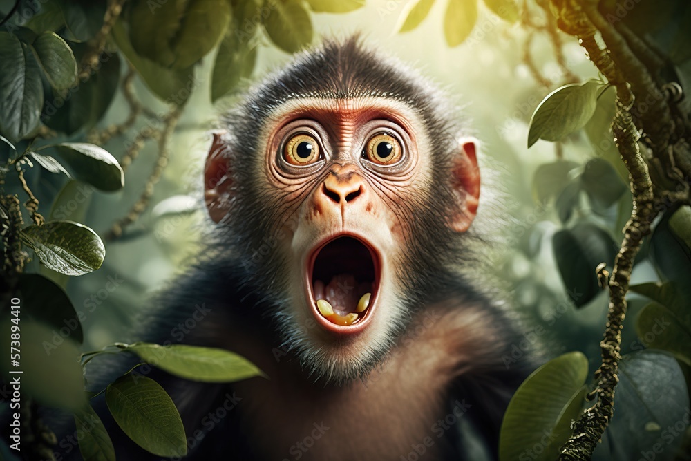 Poster a monkey with its mouth open in the jungle with leaves and branches around it with a light shining o
