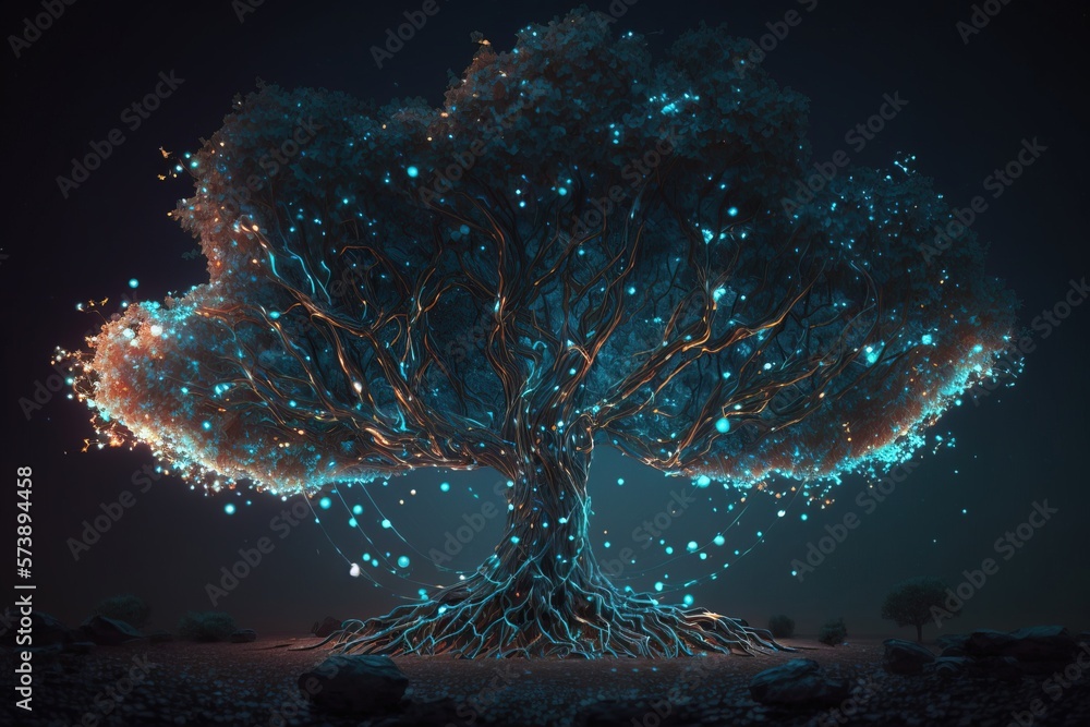 Aufkleber A tree with glowing lights in the branches and roots on a dark night sky background redshift render a 3d render generative art