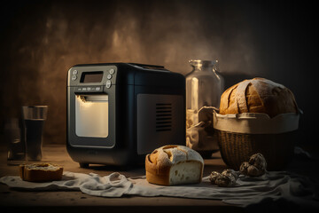 bread machine in a wooden kitchen background, small kitchen appliances, home and restaurant, generative ai