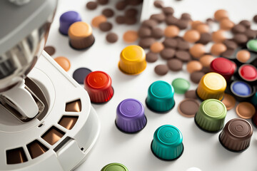 Obraz na płótnie Canvas colours coffee capsules in a modern white kitchen background, small kitchen appliances, home and restaurant, generative ai